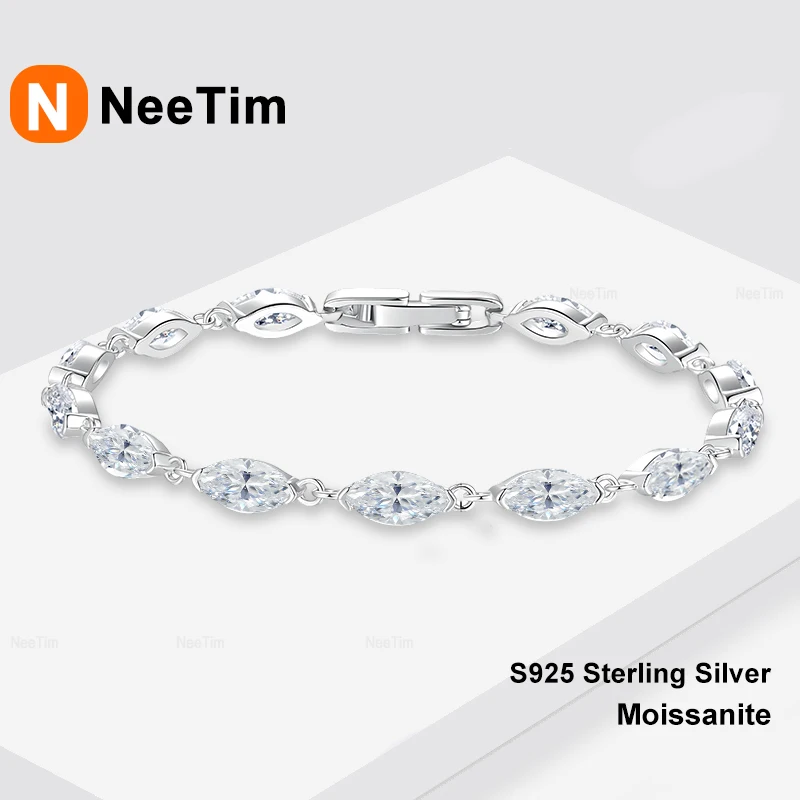 NeeTim Full Marquise Cut Moissantie Tennis Bracelet for Women Men  Sterling Silver S925 with Gold Plated Bracelets Fine Jewelry