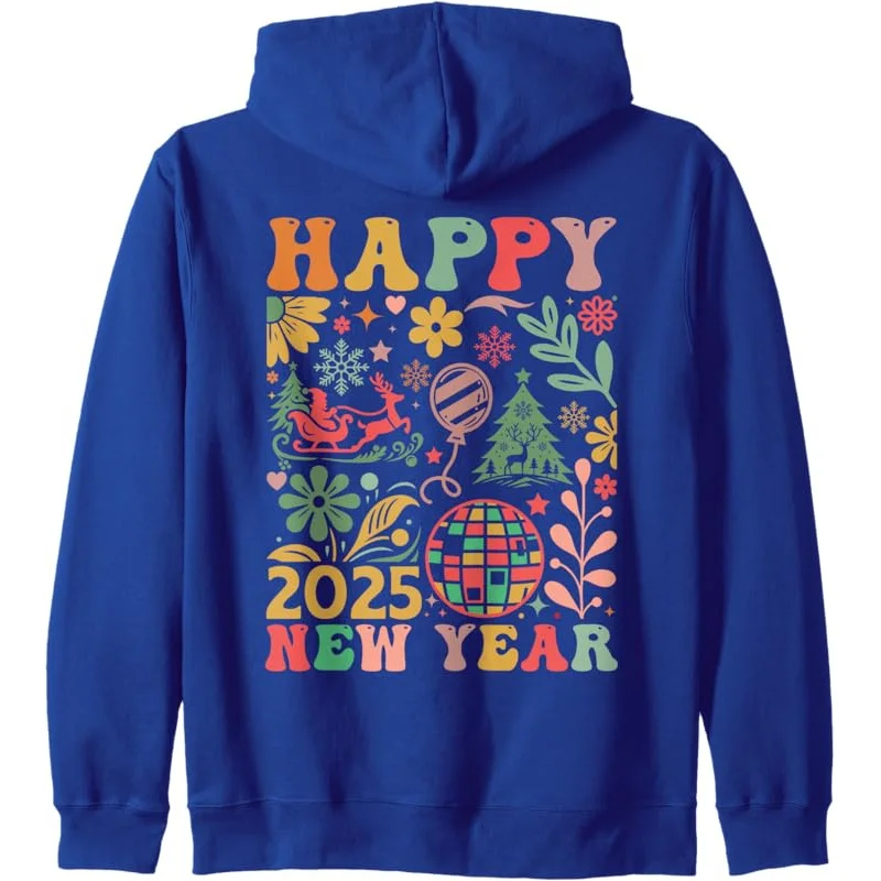 Happy 2025 New Year Retro Boho Disco Ball Cute Holiday Women Zip Hoodie