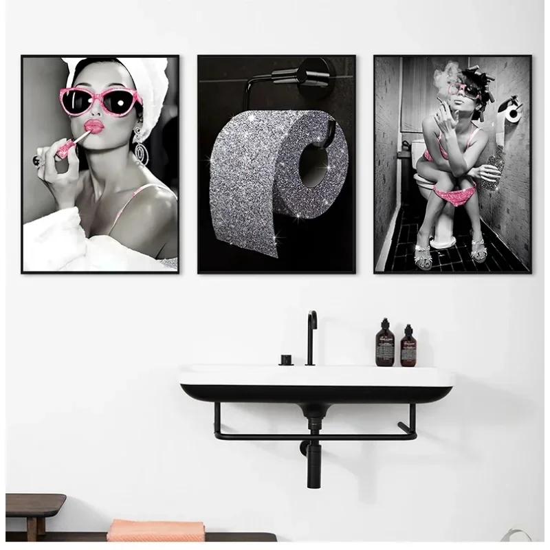 Fashion Sexy Woman Pink Diamond Bling Roll Paper Toilet Bathroom Poster Print Canvas Painting Wall Art Picture WC Bathroom Decor