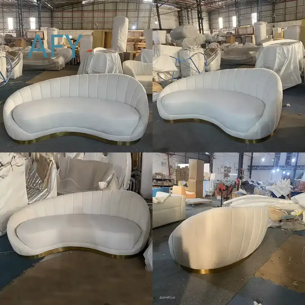 Hot Selling for Beauty Salon Anti-Fouling Tufted Velvet Waiting Sofa with Stainless Steel Leg Ring Fan Style Combination Sofa