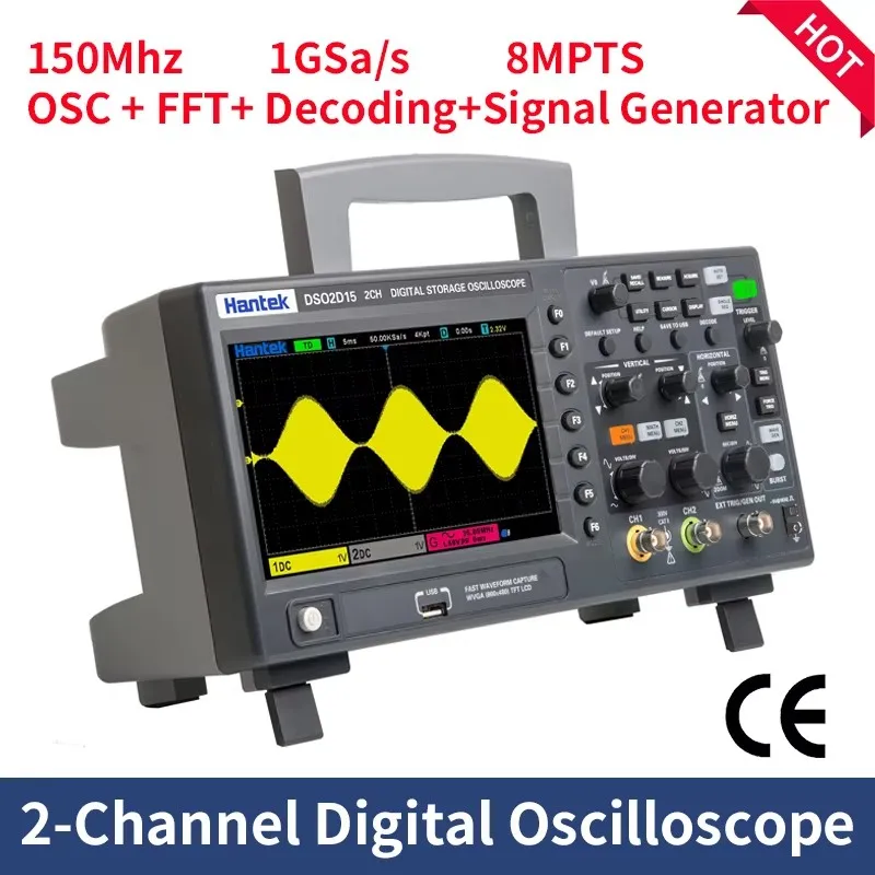 Hantek DSO2D15 Digital Oscilloscope 2-channels 100Mhz 150Mhz DSO2C10 DSO2D10 DSO2C15 1GS/s FFT+decode+ 25MHz Signal Generator