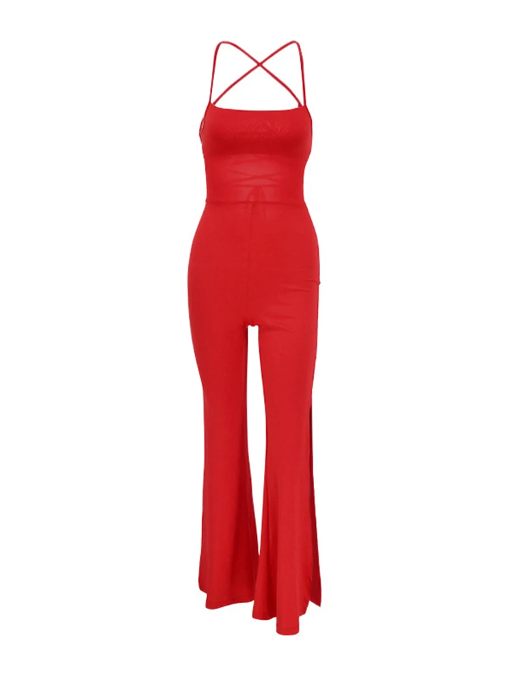 Sibybo Sexy Halter Rugloze Bandage Jumpsuit Effen Kleur Mouwloze Skinny Causale Broek 2024 Lente En Zomer Dames Laars Cut