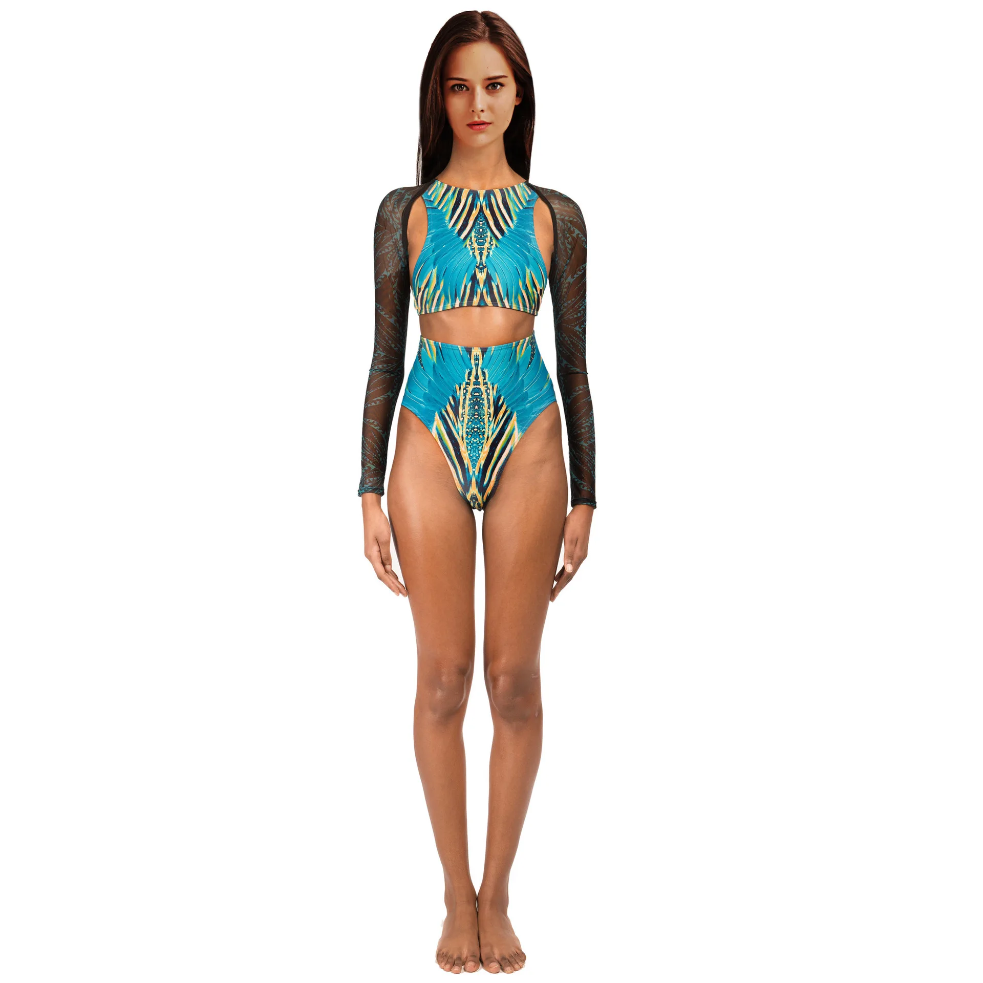 

Woman One Pcs Monokini Retro geometric Printed Hollow out Mesh Long Sleeve Swimsuit No Pad L XL