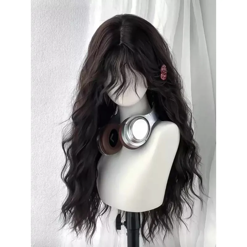 Fluffy Long Water Wave Synthetic Full Head Wig for Women, Lazy Wool Curls Dark Tea Brown Hair Wig for Daily Dating Party