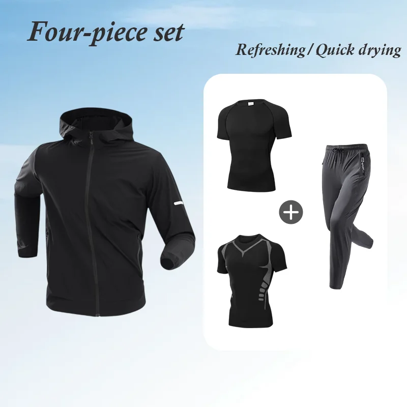 

Мужской спортивный костюм из 4 предметов: влагоотводящая, дышащая, быстросохнущая ткань для бега, фитнеса, тренировок в помещении и на улице