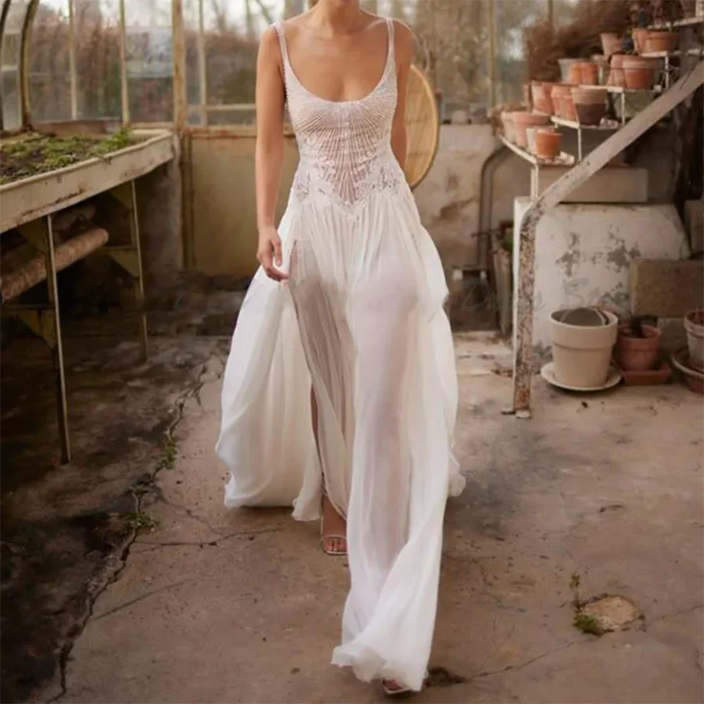 

Classic Scoop Collar Sleeveless Pleat Straight Wedding Dresses Bridal Gowns Customized