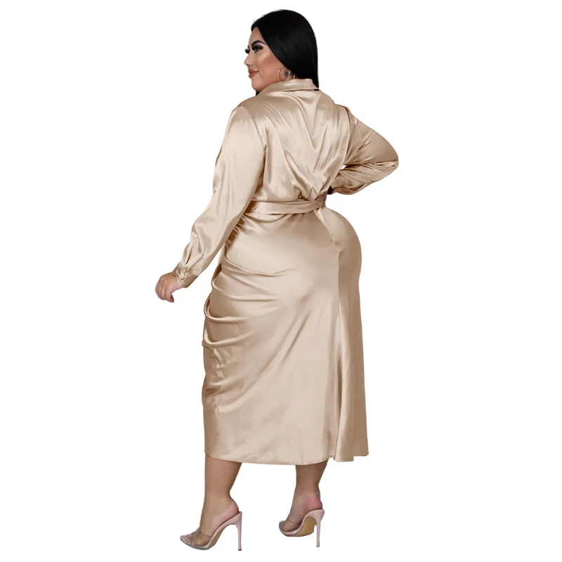 Elegant Satin Plus Size 5XL Women Shirt Dress Sexy Ruched Dresses Lace Up Evening Party Midi Drerss Vestido Africano Feminino