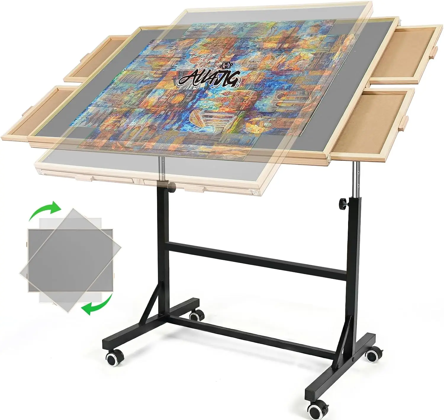 1500 Piece Puzzle Table with Legs & Wheels, 24.92"x33.58" Wooden, 4 Drawers & Cover, Vertical