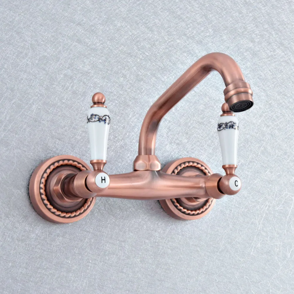 Antique Red Copper Brass Wall Mounted Kitchen Wet Bar Bathroom Vessel Basin Sink Hot Cold Mixer Tap Swivel Spout Faucet msf872