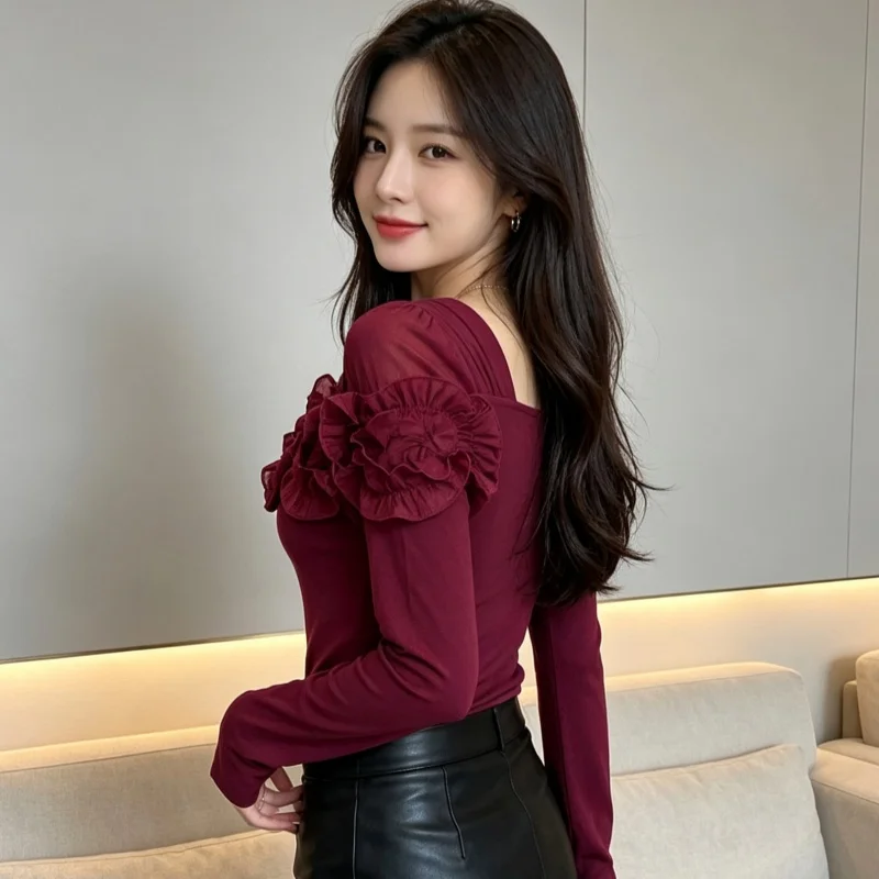 Elegant Square Neck Patchwork Ruffle Women T-Shirt Autumn Design Long Sleeved Slim Fit Tops Temperament Cotton Blouse