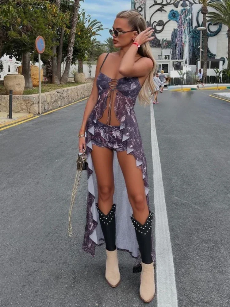 

Laxsesu Sexy Y2K 2 Piece Set Women Summer Hipster Leopard Print Shirring Hollow Long Camisole+Shorts Matching Clubwear Outfit