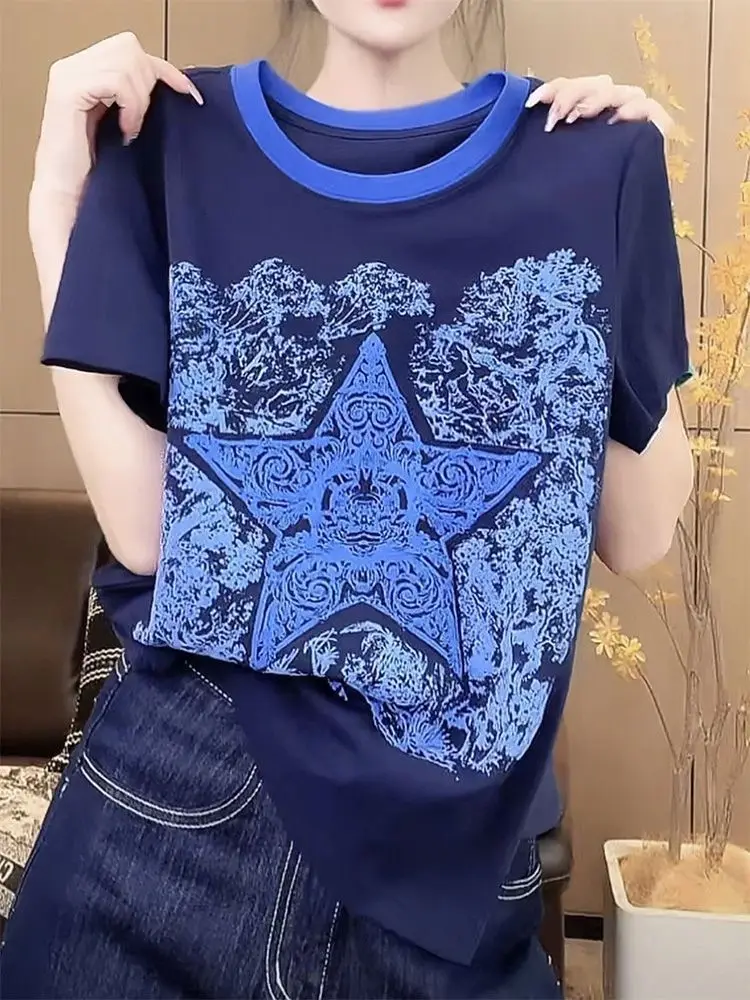 Cotton Round Collar Color Block Print Short Sleeve Top