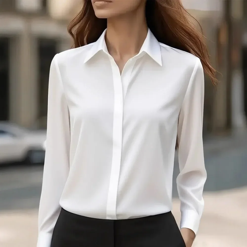 Women Solid Satin Long Sleeve Shirt Lapel Collar Breathable Soft Flattering Daily Office Commute Elegant Comfy Fall Autumn