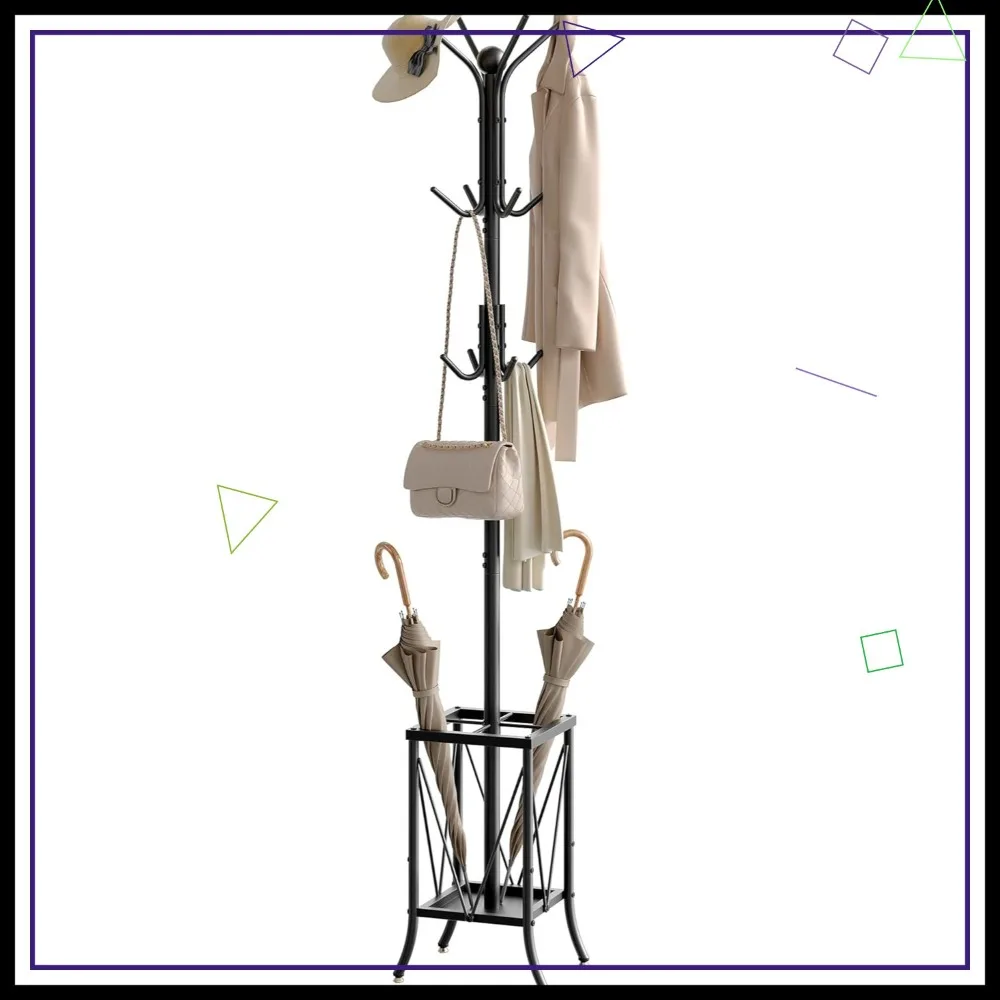 

Freestanding Coat Rack with Umbrella Holder, 12 Hooks for Coats, Bags, and Hats - Black Metal Hall Tree