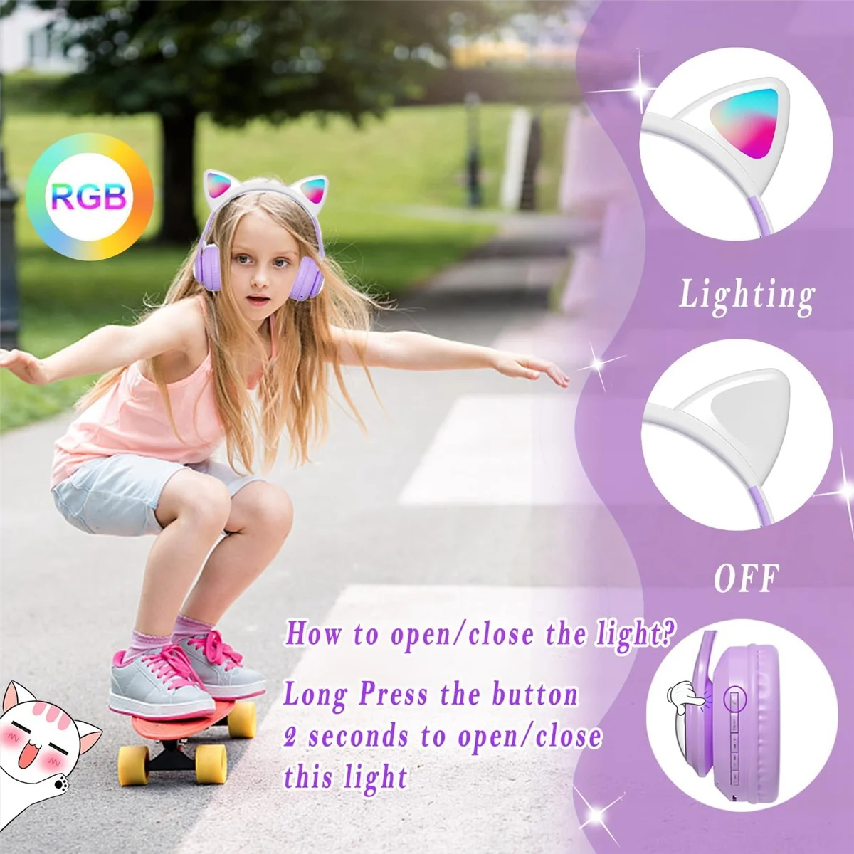 Fones de ouvido Bluetooth infantis, fones de ouvido sem fio dobráveis com luz LED, fone de ouvido de jogo com orelhas de gato para telefone-B