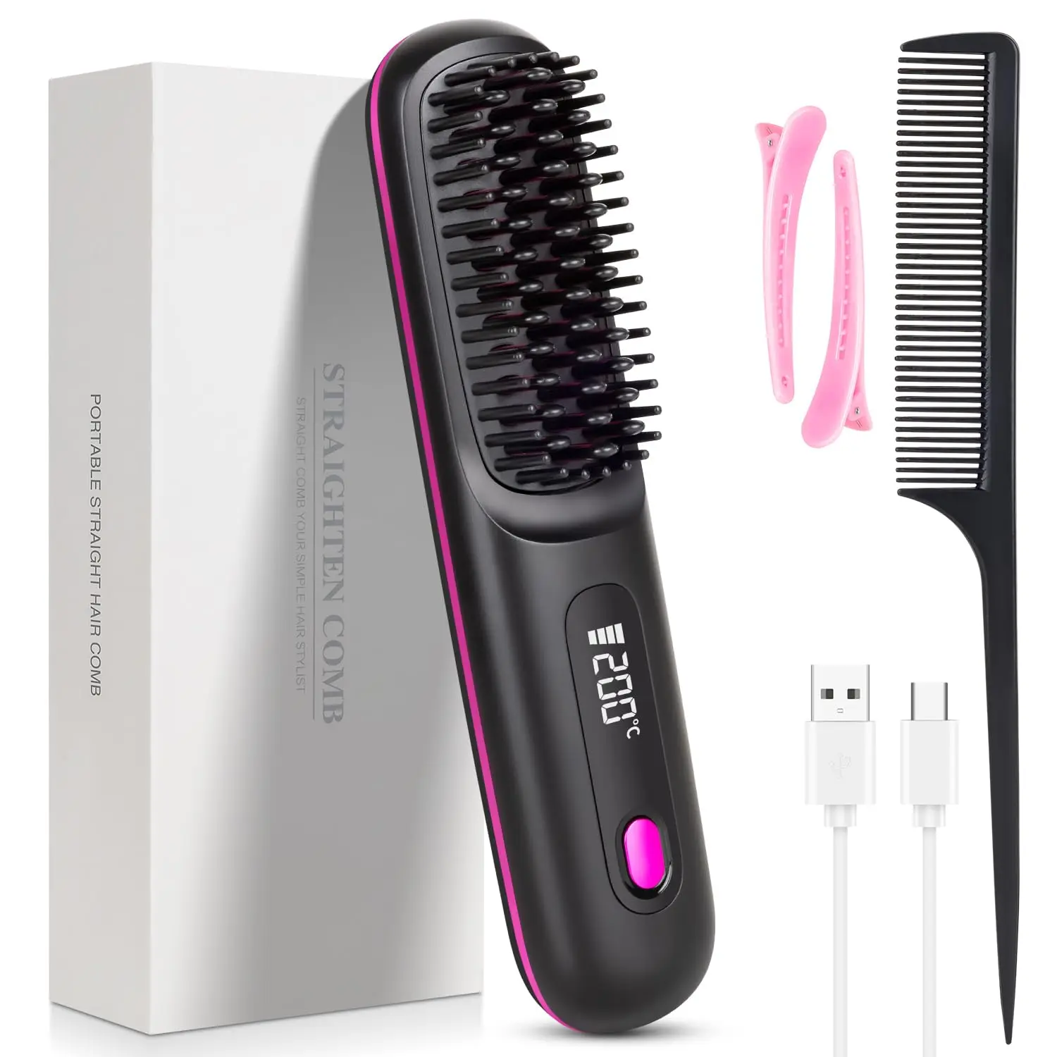 Brosse à lisser les cheveux Portable avec chargeur USB, peigne à lisser sans fil, affichage LED et revêtement en céramique, technologie ionique
