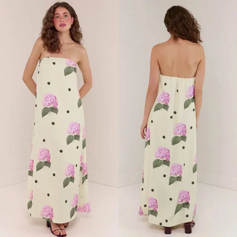 Elegant Floral Print Strapless Dress Sexy Off-Back Loose A-Line Long Dress New Summer Off-Shoulder Dress Stylish Women's Dress