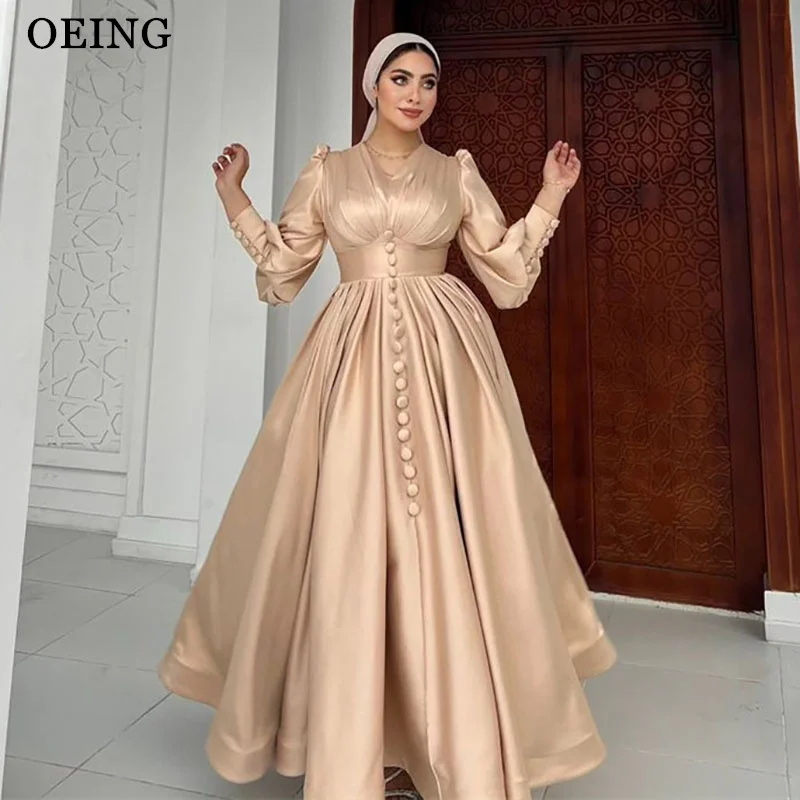 

OEING Champagne Arabic Muslim Evening Dresses Simple High Neck Long Sleeves Ankle Length Prom Dress Glitter Wedding Party Gowns