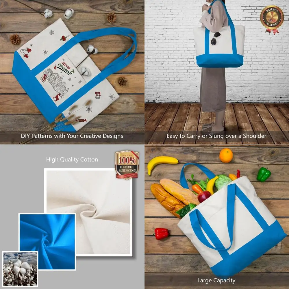 

Набор из 6 холщовых сумок-тоутов с внешним карманом, многоразовые сумки для продуктов, с верхней застежкой-молнией, идеально подходят для повседневных нужд (океанский синий)