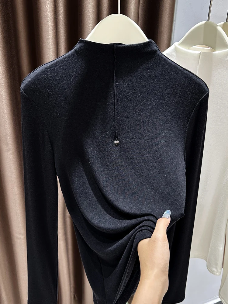 

Женская осенняя шелковая трикотажная футболка с высоким воротником Ele Bla, базовая модель, удобная, мягкая, для ношения под одеждой