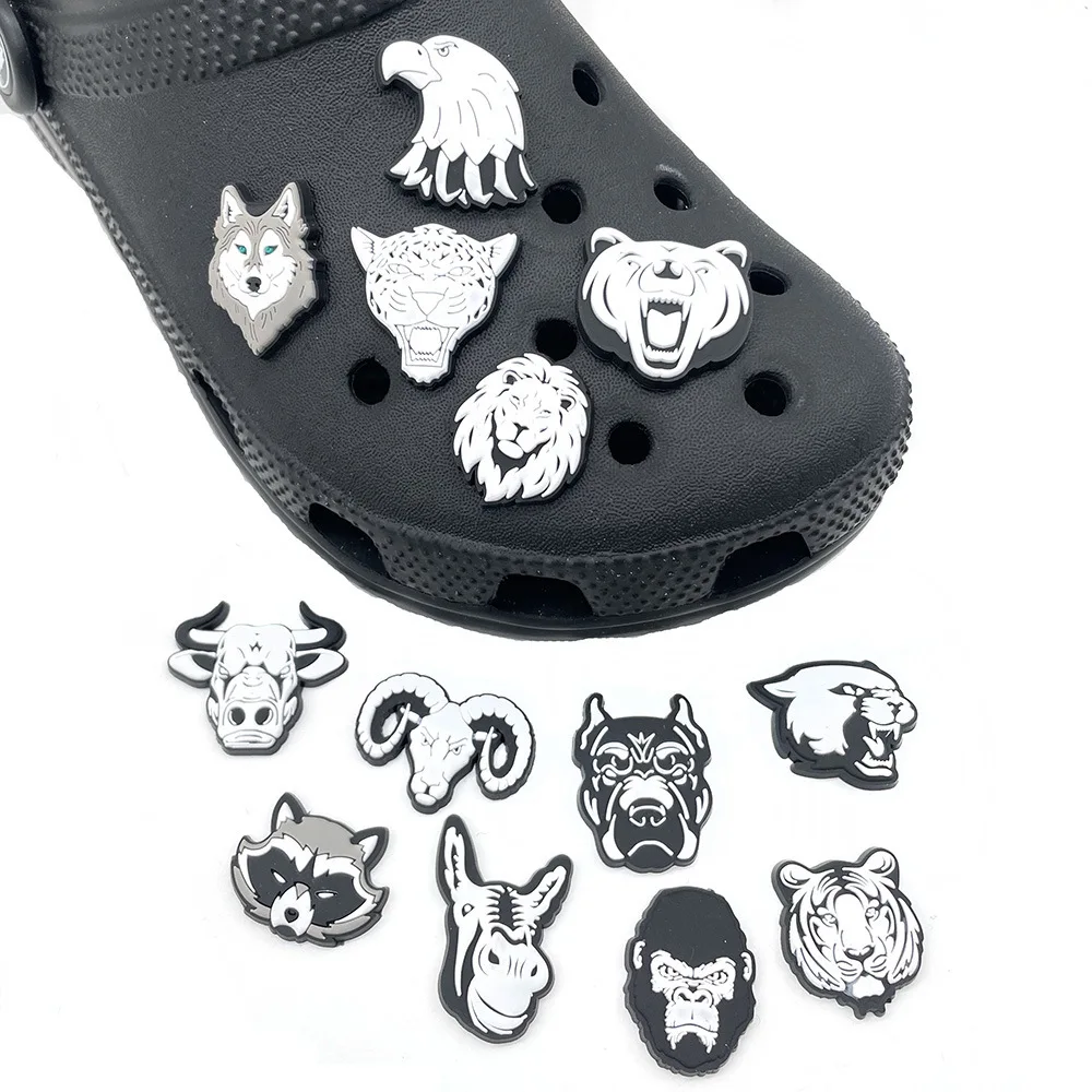 Black White Wild Animal Head PVC Shoe Charms Wolf Lion Tiger Detachable Clog Shoe Decor Gift for Wildlife Hobby DIY Accessories