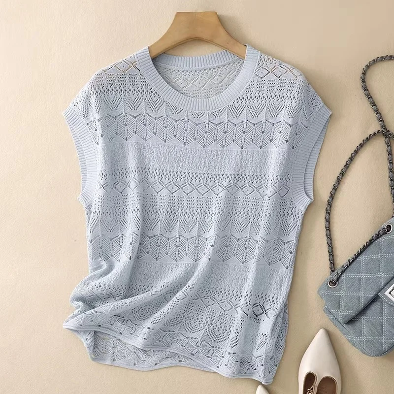 Thin And Slightly Transparent Short Sleeved Pullover Knitted Sweater With Hollow Out Artistic Retro Loose Summer Women Top J410