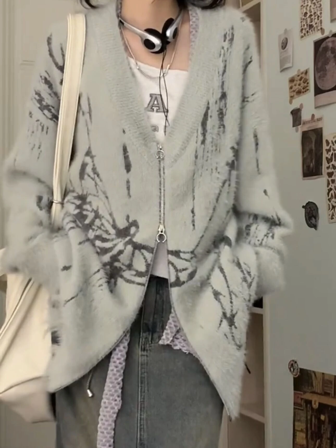

Korean Sle V-Ne Printed Knitwear Coat Fake Mink Trim Loose Lazy Open Cardigan Zipper Spring Autumn New Women's Clothes