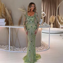 100% Real Images Square Neckline Women Prom Dress Full Sleeves Beads Rhinestones Embellished Mermaid Long Evening Dresses