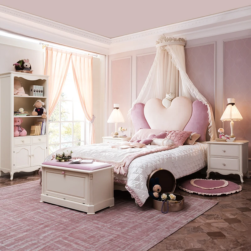 

!@Luxury Classic Pink Furniture Bedroom Set Heart Headboard Design Kid Bed Room Furniture