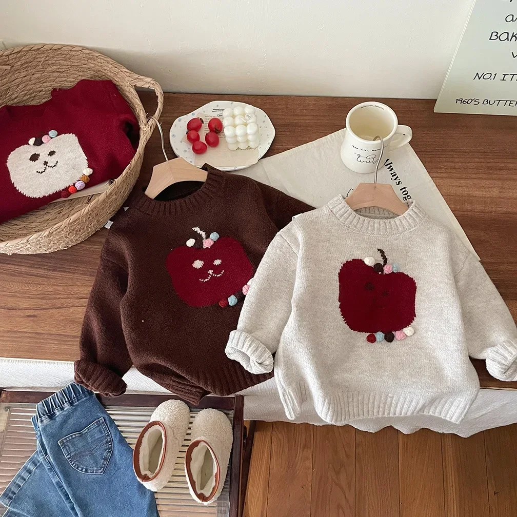 Girls' Apple Hand Embroidered Thick Base Knitted Sweater Autumn and Winter 2025 New Cute and Stylish Style Pullover Sweater