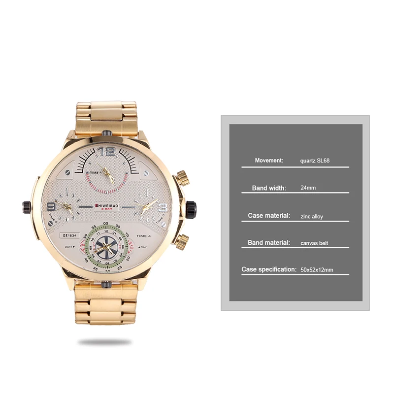 Gold Stainless Steel Big Dial Band Quartz Watch Top Luxury Shiweibao Mens Watches Four Time Zones Man Military Relogio Masculino