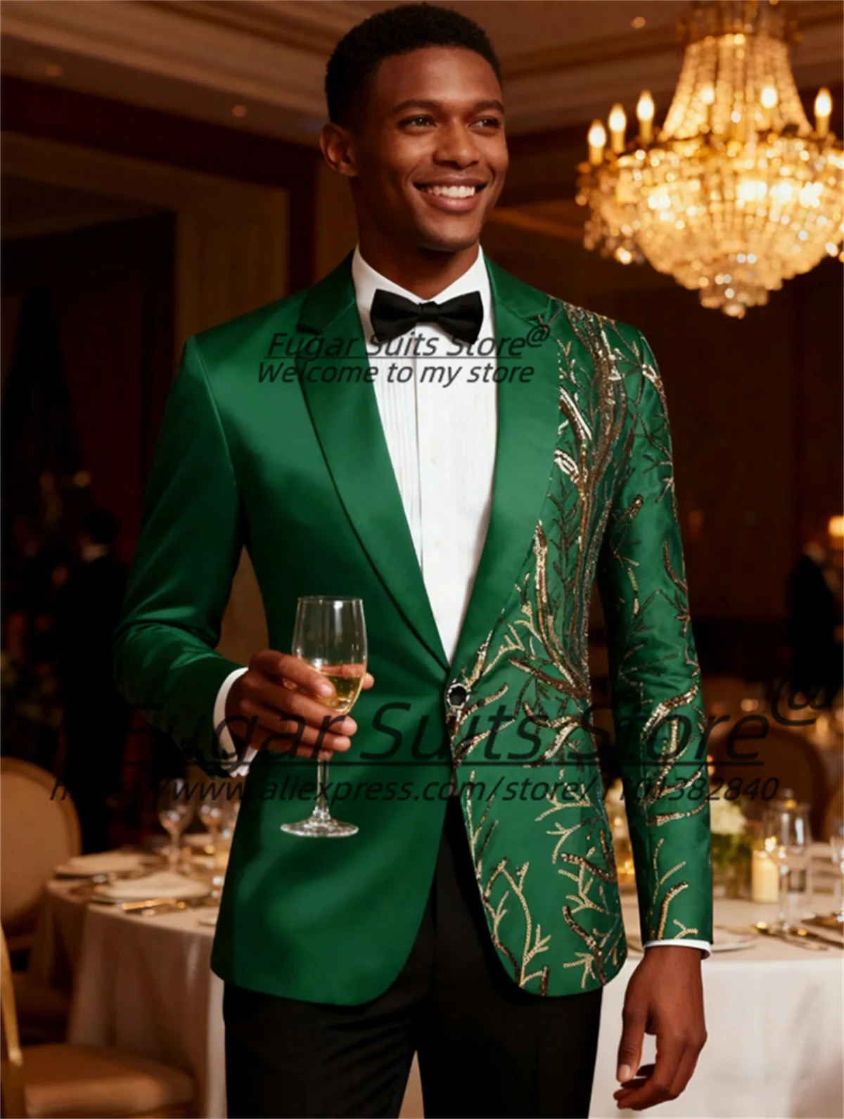 Green Shiny Luxuly Sequin Prom Men Suits Customized Slim Fit Notched Lapel Groom Wedding Tuxedos 2Pieces Sets Male Party Blazers