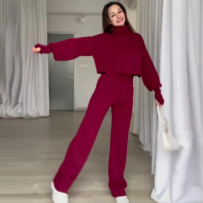 

Knitting 2 Piece Set Women Muslim Turtleneck Pullover Sweater Wide Leg Pants Suit Knitwear Outfits 2024 Autumn Winter Ensemble