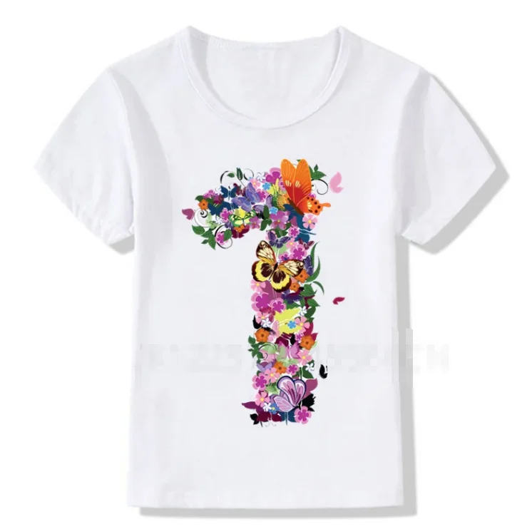Children Summer Flower Butterfly 1-9 Birthday Number Print T Shirt Boy T-shirts Boy&Girl Funny Gift Short - Sleeved T-ShirtTops