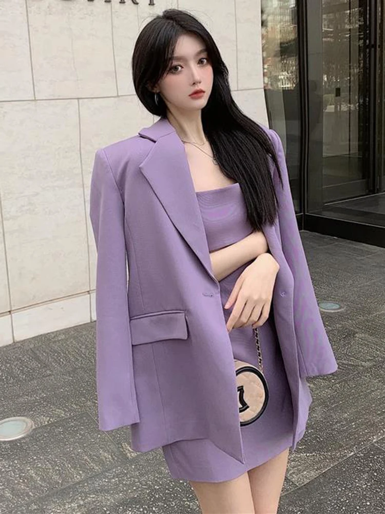 Korean Style 2 Piece Set Fashion Women Elegant Blazer Coat Loose Jacket Mini Strap Dress Ladies Chic Casual Party Dress Outfits