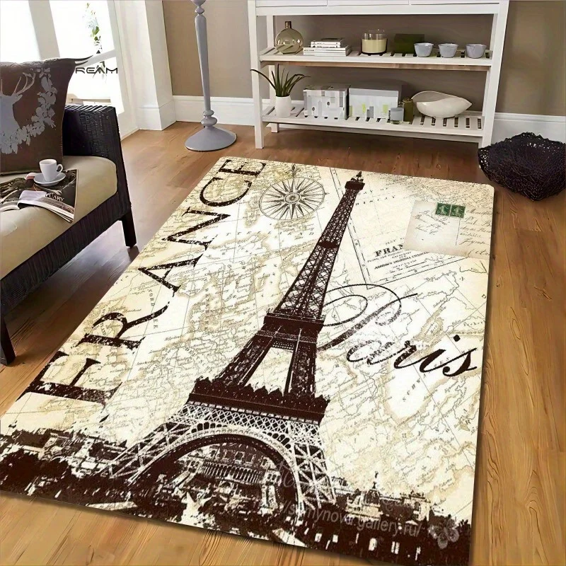 VIKAMA Paris Eiffel Tower Area Rug Vintage France Map Compass Retro Stamp Script Print Non-Slip Washable Living Room Floor Mat