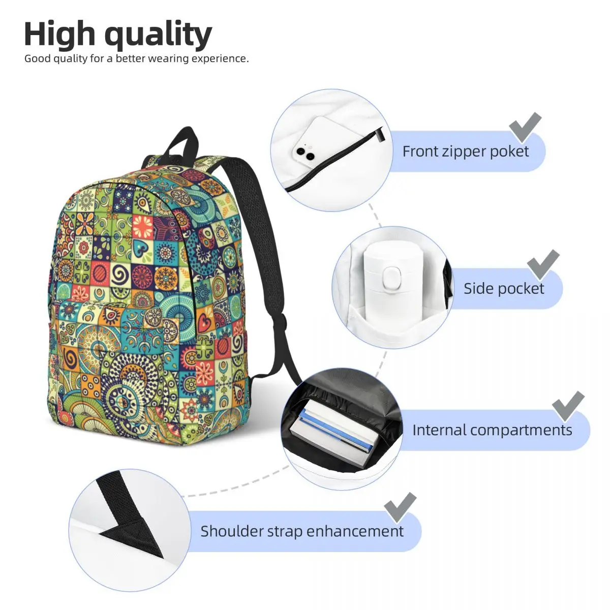 Tile Vintage Moroccan Style Backpack for Men Women Cool Student Work Daypack Mandala Art Mexican Tile Laptop Shoulder Bag Sports