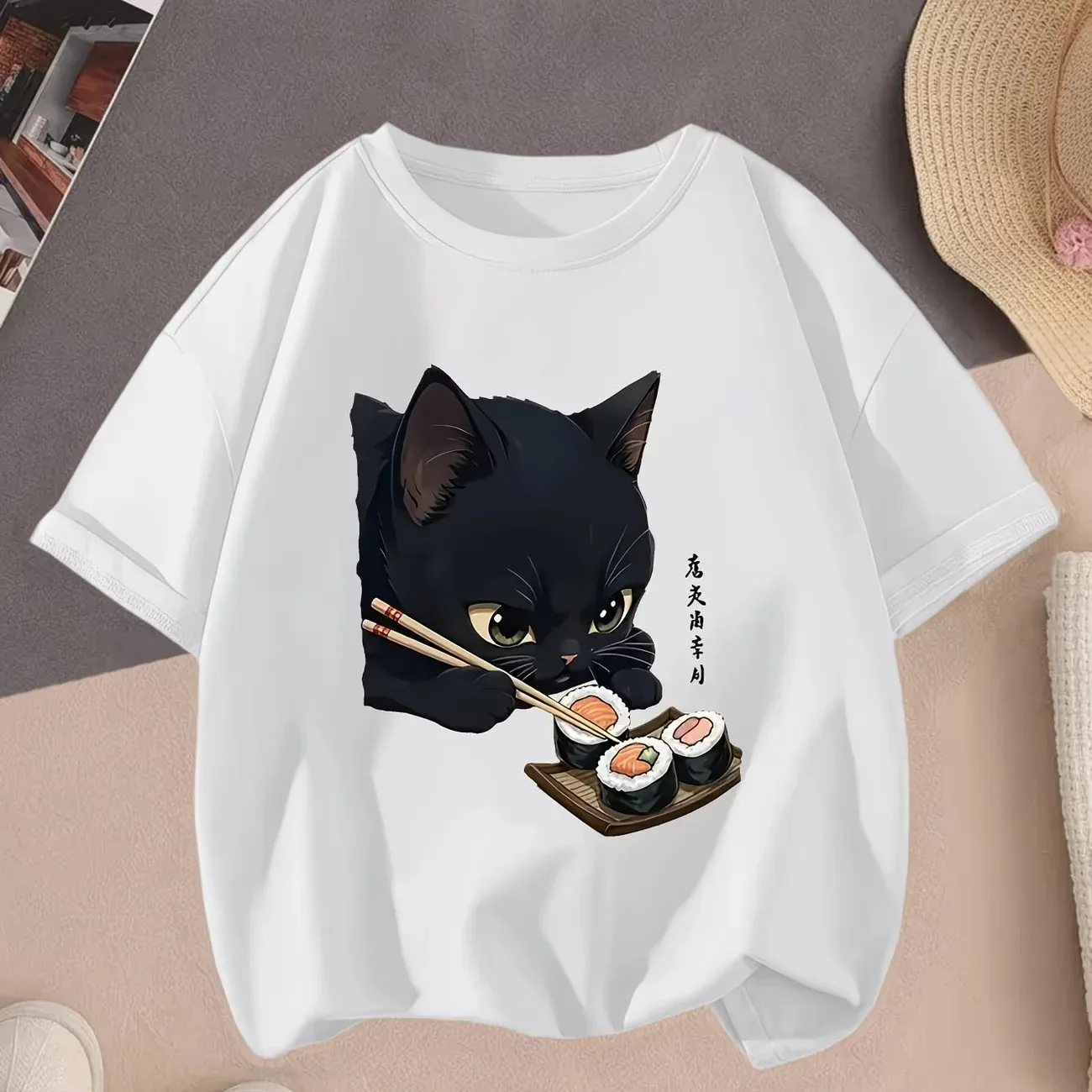Black Cat & Sushi Kawaii T-Shirt - Cute Anime Sushi Roll & Cat Print  Soft Stretch Round Neck Summer Top Casual Theme Outfit
