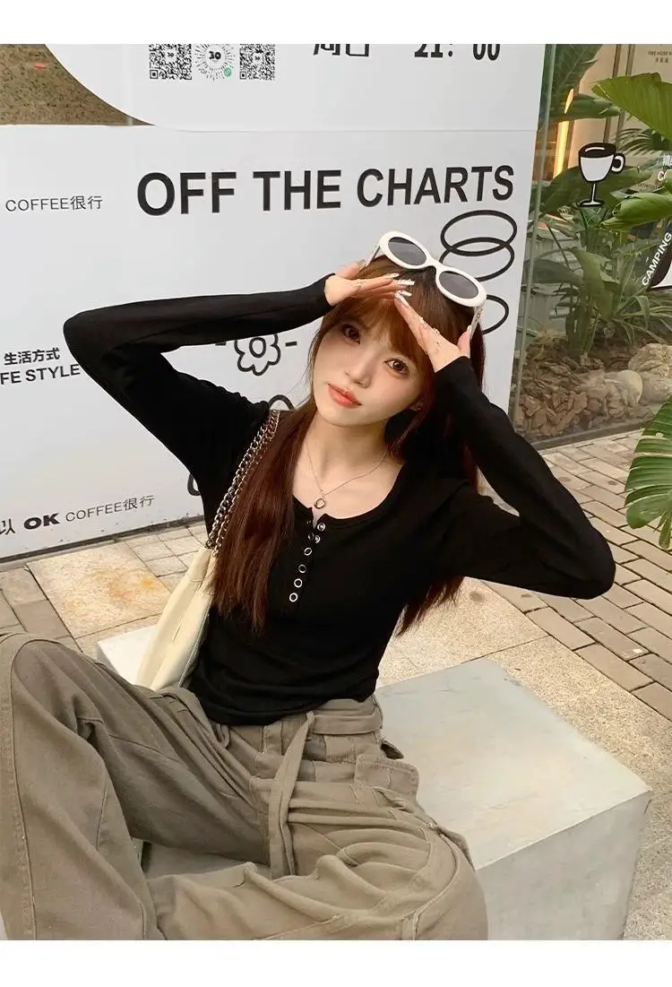 Long Sleeve Korean Fashion T-shirts Women Winter Y2K Kpop Tops Buttons Sexy Vintage Tee Shirts Autumn Cheap Clothes Woman Tshirt