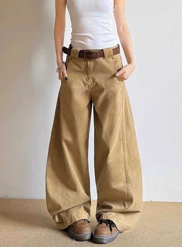 

Y2K American Retro Khaki Jeans Women Curved Knife Loose Wide Leg Straight Casual Long Pants