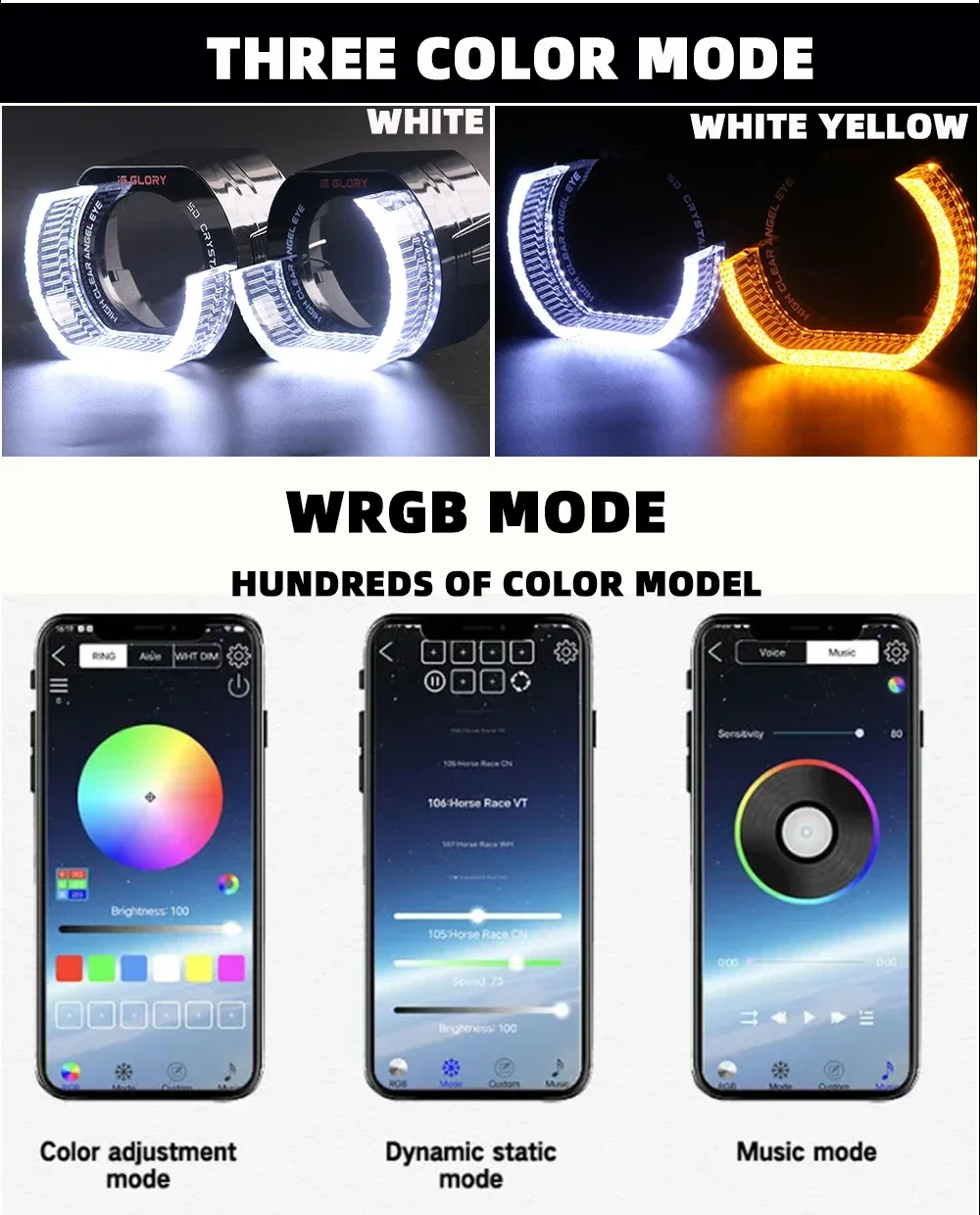 New Cross-Border Motorcycle Front Headlight LED Decorative Lamp Angel Eyes Rim2.5inch /3.0inch  Colorful Modified Lens