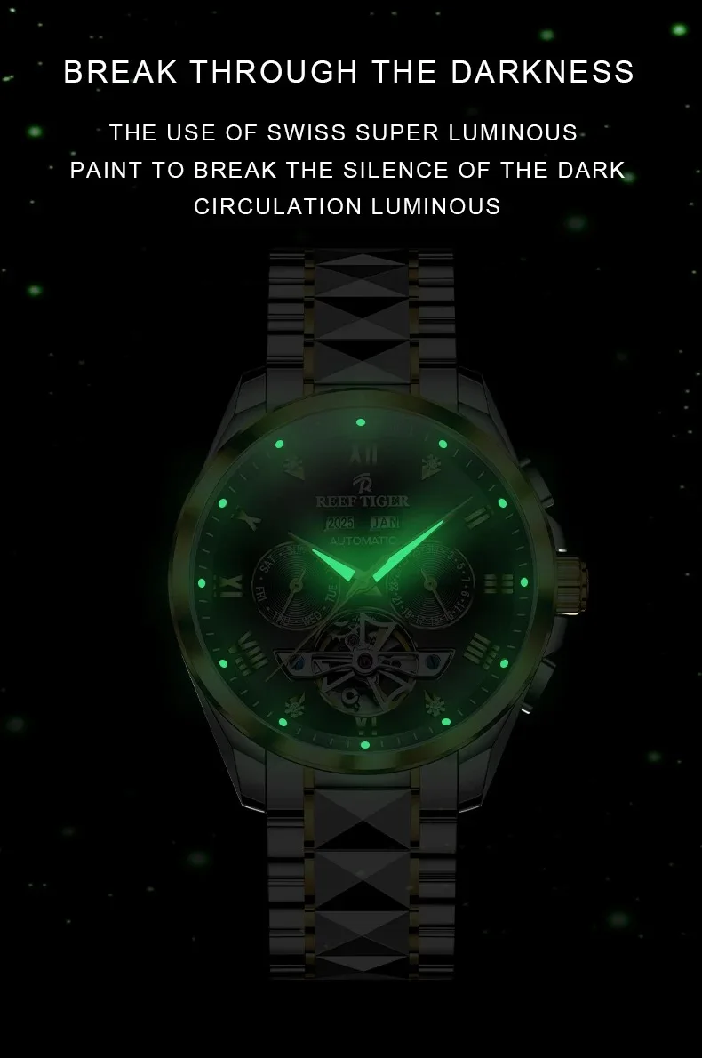 Мужские автоматические часы Reef Tiger, роскошные механические наручные часы 42 мм, водонепроницаемость 50 м, светящийся циферблат скелета, год, месяц, неделя, дата
