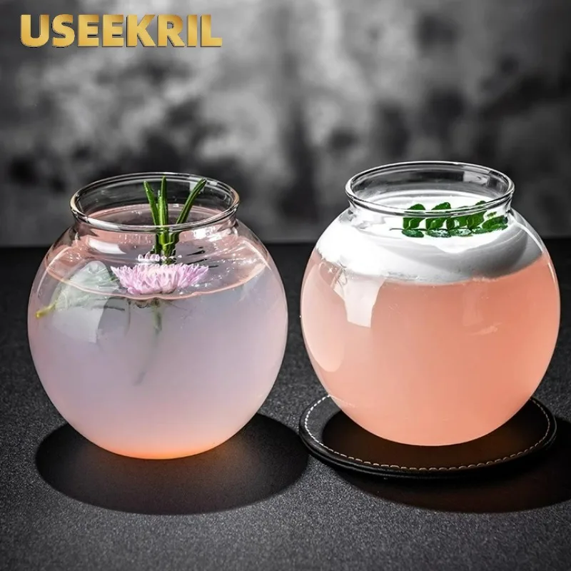 Creative Cocktail Glasses Cups Flat Bottom Round Ball Cup Transparent Cold Drink Glass Moon-shaped Juice Cup Bar Accessories