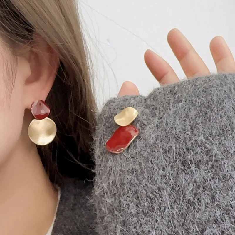 Draweye Drip Glaze Earrings for Women Contrast Color Korean Fashion Asymmetrical Jewelry Retro Basics Sweet Aretes De Mujer