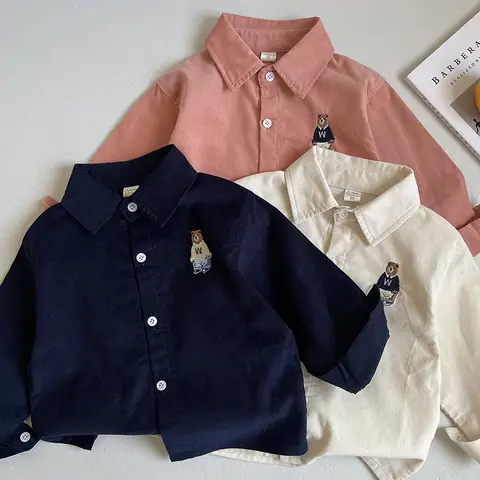 2025 Spring Autumn Boys Casual Cute Long Sleeve Corduroy Blouse with Embroidery Bear Three Colors