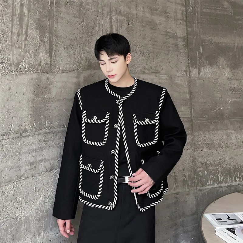 

Faionable Autumn Winter Jaet Men's Loose Fit Polyester Nylon Cosite Fiber round Ne ket Detail Trimmed Color Blo