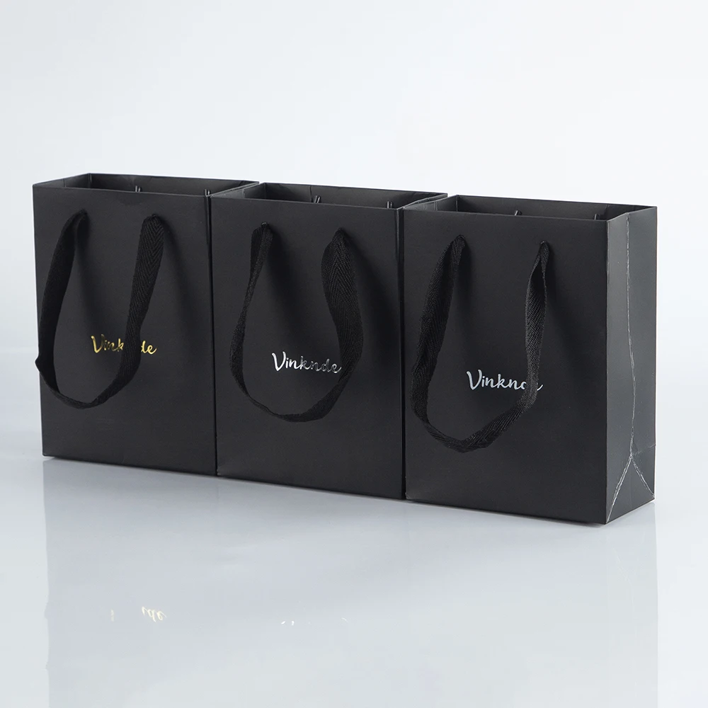 24 Luxury Black Paper Gift Bag Custom Logo Print Paper Tote Packing Bag For Gift With Ribbon Handle Jewelry Box Packaging Bags