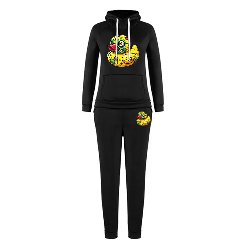 طقم رياضي نسائي للخريف/الشتاء: طقم مكون من قطعتين بقلنسوة وسويت شيرت وسروال مطبوع عليه رسوم كرتونية - ملابس رياضية عصرية #4