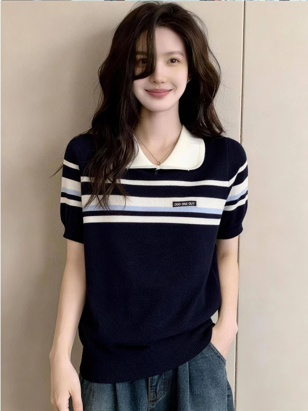 Slimming Knitwear Collared Striped Top for Women Summer plus Size Fashionable Versatile Flattering Short Sleeve Casual Style