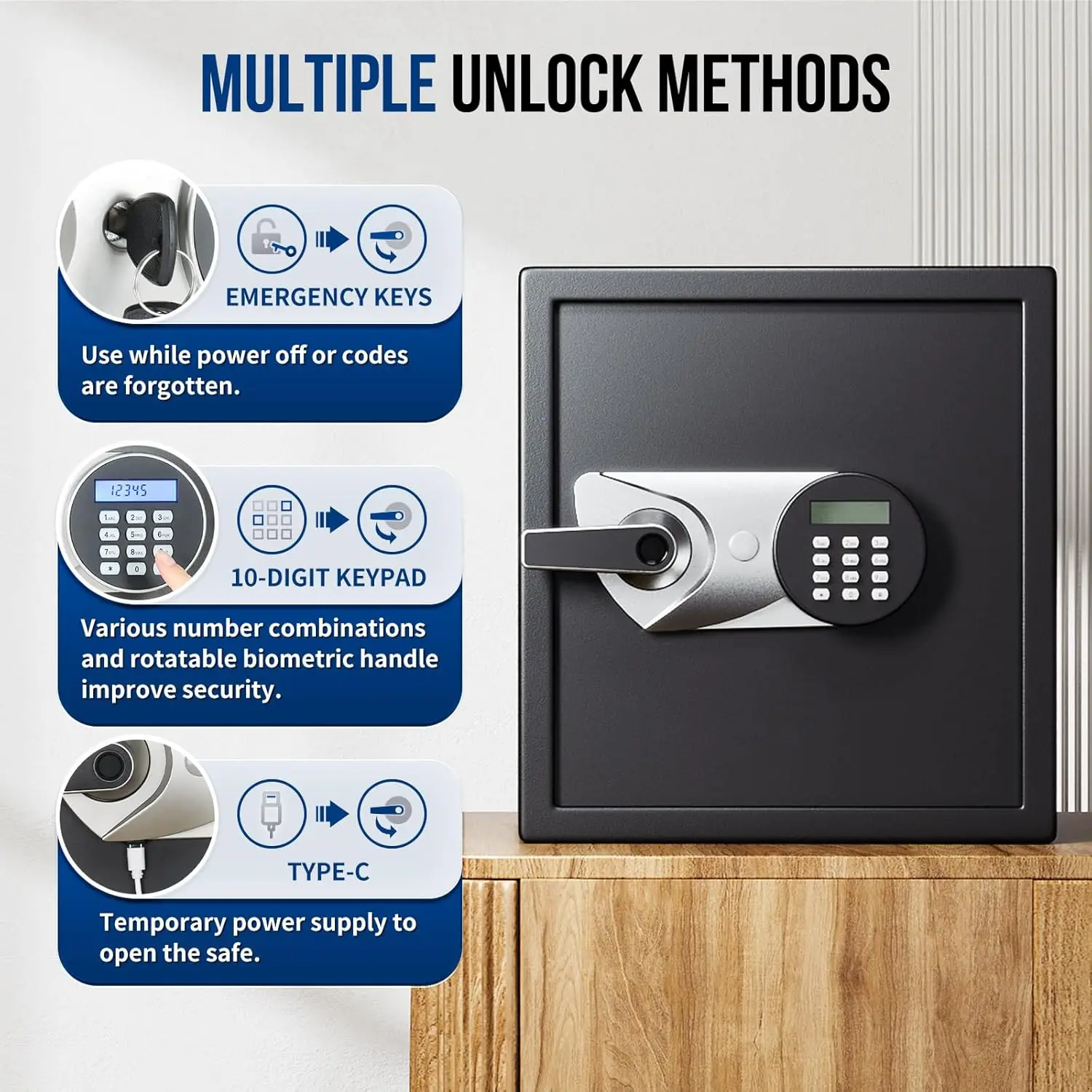 Biometric Safe Box 1.5 Cub Home Security Safe Fingerprint Recognition Money Safe with Keys Keypad Lock Box Secure Jewelry Valuab